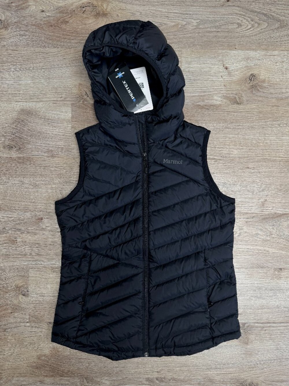 Med Marmot Women’s Highlander Hoody Vest Hooded Black Puffer Quilted Zip Up Hood